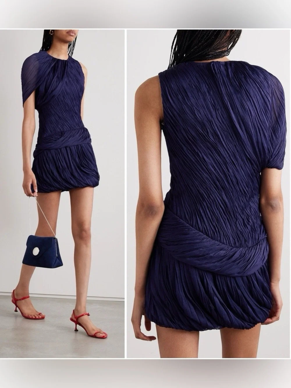 NWT $2298 Tory Burch One-sleeve Draped Silk-plissé Mini Dress In Purple